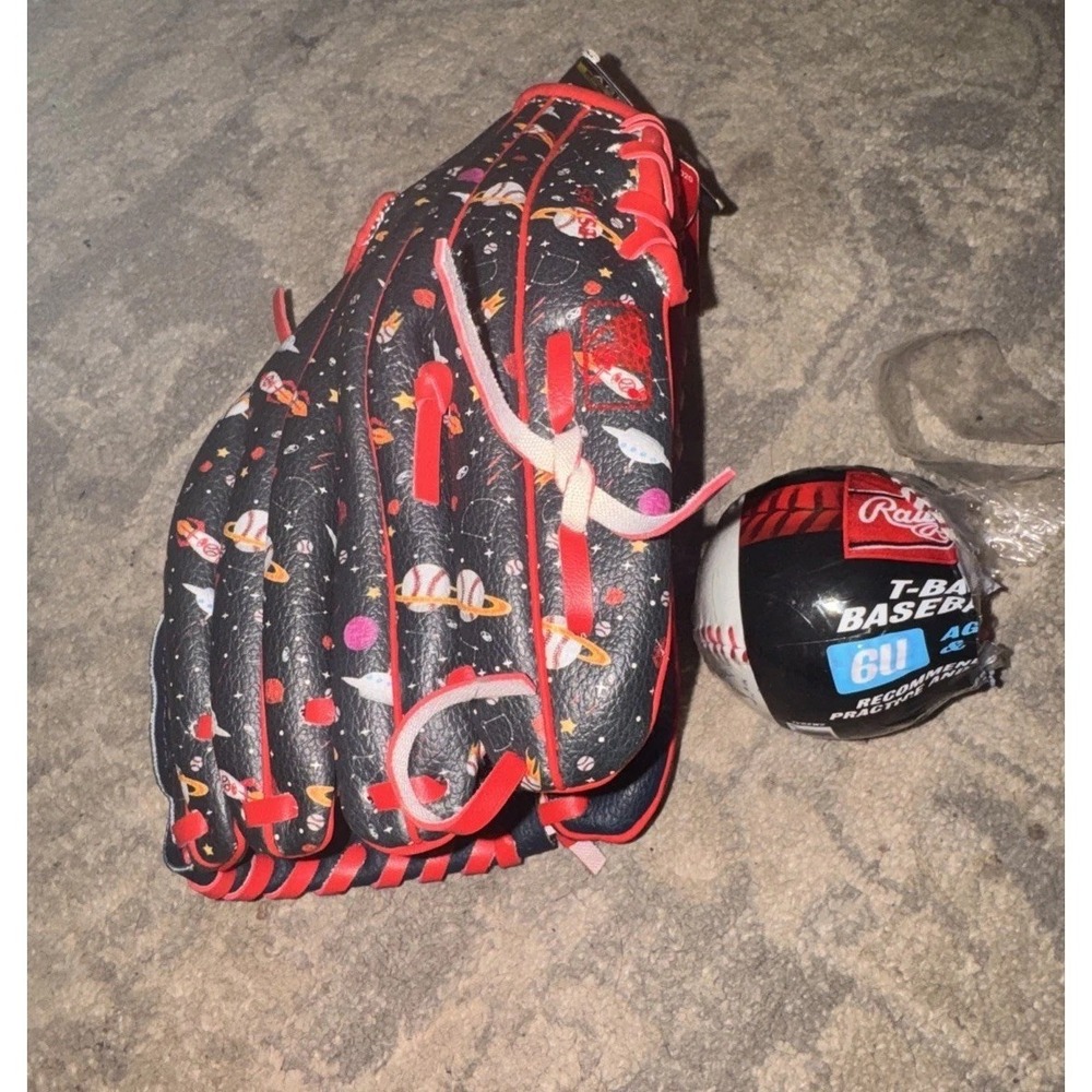 Rawlings Youth Boys 10" Right Hand Throw Red Blue‎ T-Ball Mitt PL10N And Ball